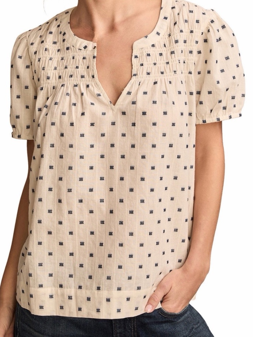 Lucky Brand Cream Peasant Top with Navy Micro-Dot, XS